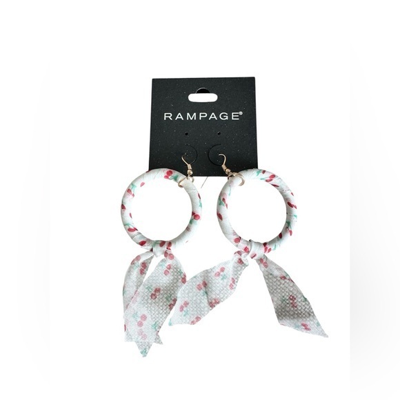 Nwt Rampage Hoop Cherry Print Scarf Earrings Bow Tassel Retro 50s Pinup Jewelry